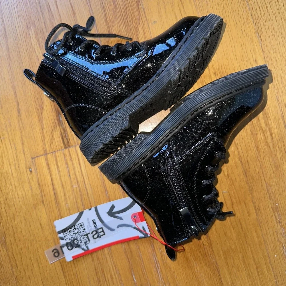 Ground Up Boots Girls 9 Black Glitter Patent Combat Lace Up Side Zip Ankle Youth